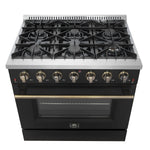 Forno Galiano 36-inch Freestanding Gas Range in Black with Antique Brass Design, 6 Burners, 83,000 BTU, 5.36 cu.ft. Convection Oven - BonPrix Électroménagers