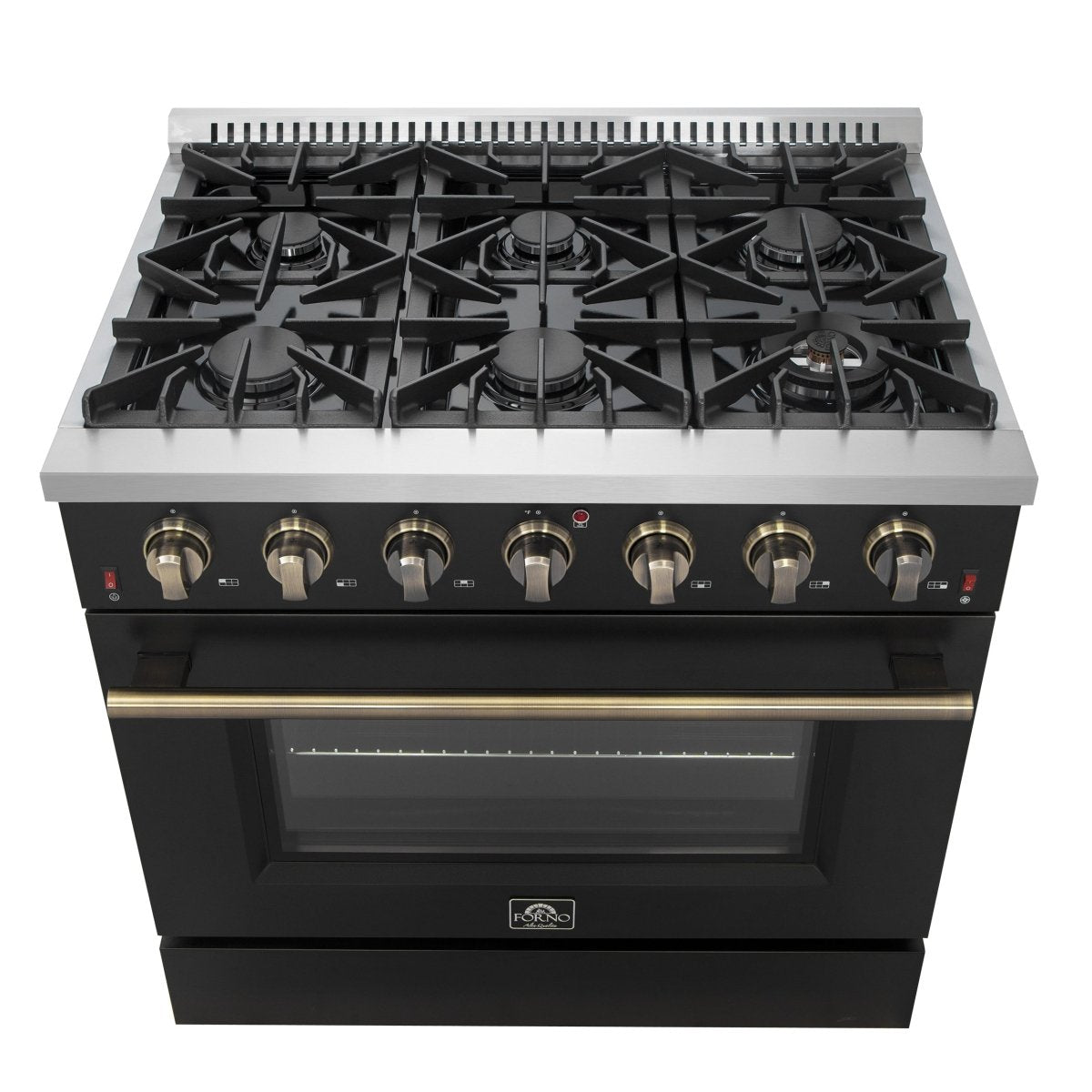 Forno Galiano 36-inch Freestanding Gas Range in Black with Antique Brass Design, 6 Burners, 83,000 BTU, 5.36 cu.ft. Convection Oven - BonPrix Électroménagers