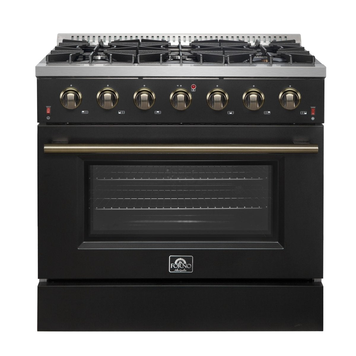 Forno Galiano 36-inch Freestanding Gas Range in Black with Antique Brass Design, 6 Burners, 83,000 BTU, 5.36 cu.ft. Convection Oven - BonPrix Électroménagers