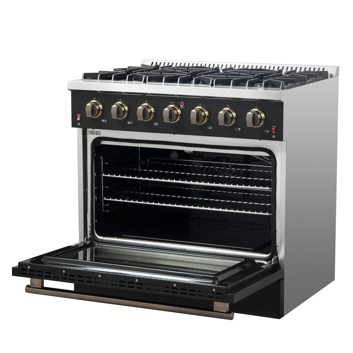 Forno Galiano 36-inch Freestanding Gas Range in Black with Antique Brass Design, 6 Burners, 83,000 BTU, 5.36 cu.ft. Convection Oven - BonPrix Électroménagers