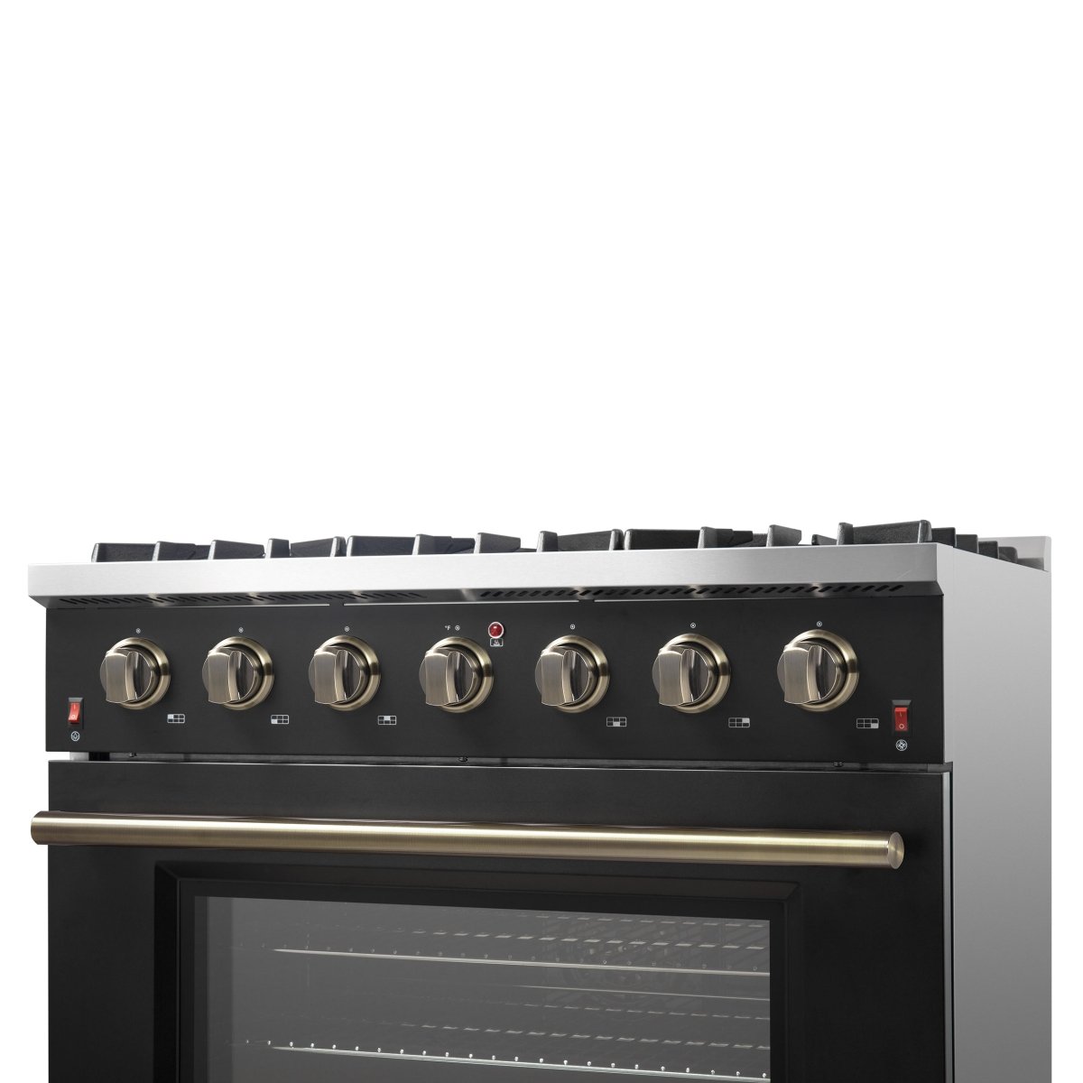 Forno Galiano 36-inch Freestanding Gas Range in Black with Antique Brass Design, 6 Burners, 83,000 BTU, 5.36 cu.ft. Convection Oven - BonPrix Électroménagers