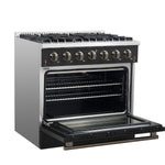 Forno Galiano 36-inch Freestanding Gas Range in Black with Antique Brass Design, 6 Burners, 83,000 BTU, 5.36 cu.ft. Convection Oven - BonPrix Électroménagers