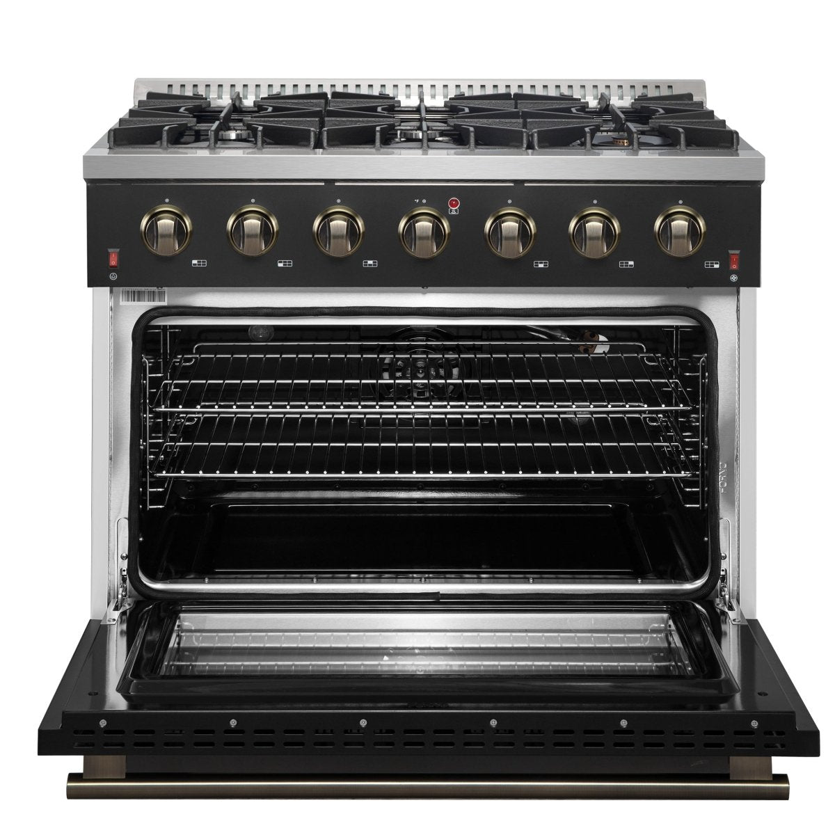 Forno Galiano 36-inch Freestanding Gas Range in Black with Antique Brass Design, 6 Burners, 83,000 BTU, 5.36 cu.ft. Convection Oven - BonPrix Électroménagers