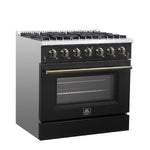 Forno Galiano 36-inch Freestanding Gas Range in Black with Antique Brass Design, 6 Burners, 83,000 BTU, 5.36 cu.ft. Convection Oven - BonPrix Électroménagers