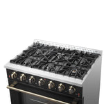 Forno Galiano 36-inch Freestanding Gas Range in Black with Antique Brass Design, 6 Burners, 83,000 BTU, 5.36 cu.ft. Convection Oven - BonPrix Électroménagers