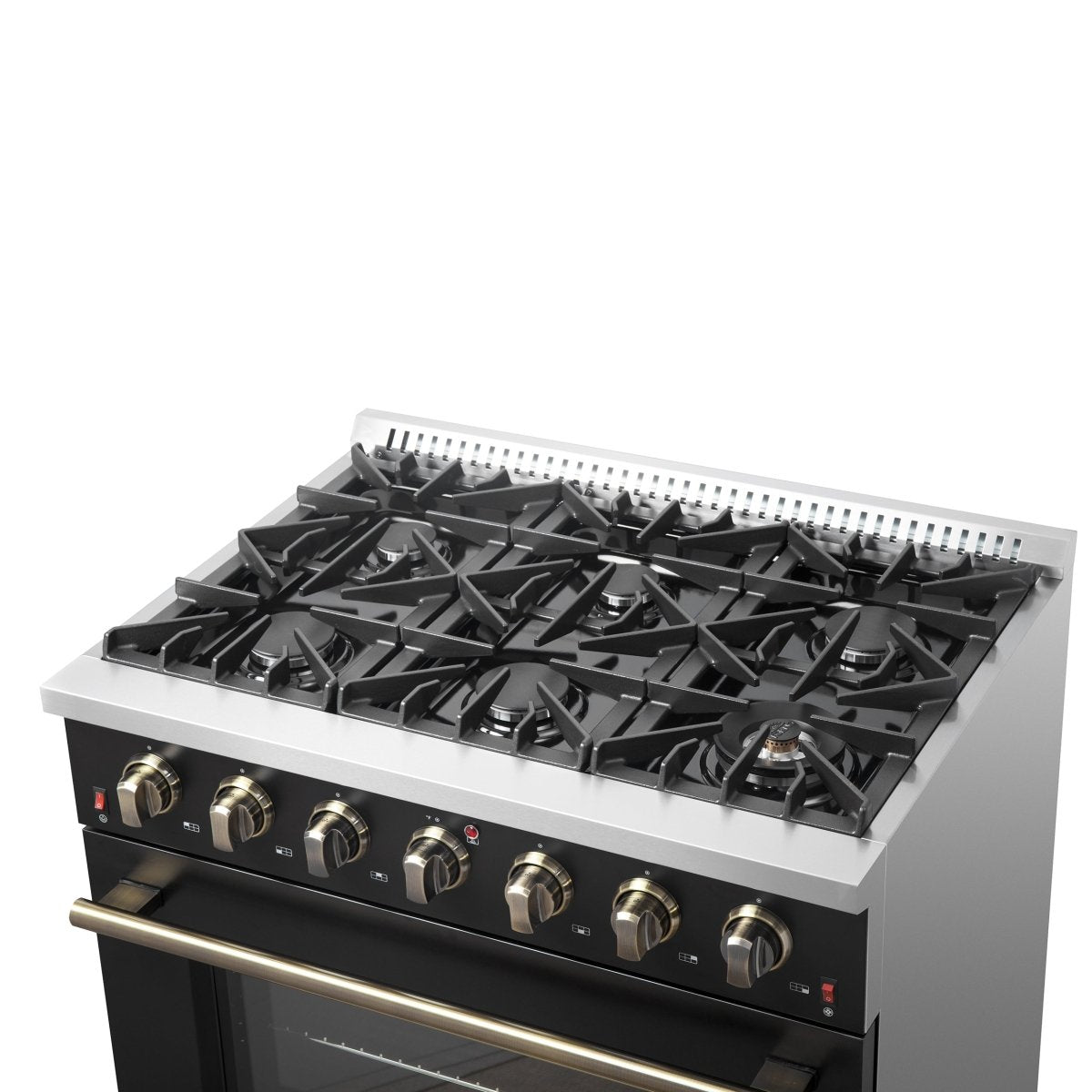 Forno Galiano 36-inch Freestanding Gas Range in Black with Antique Brass Design, 6 Burners, 83,000 BTU, 5.36 cu.ft. Convection Oven - BonPrix Électroménagers