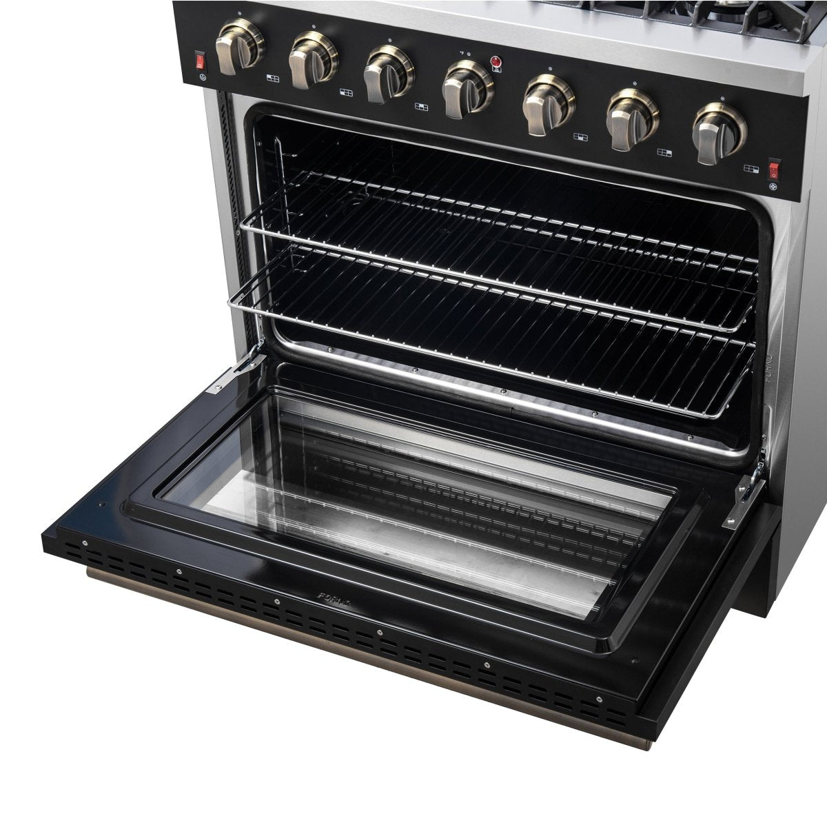 Forno Galiano 36-inch Freestanding Gas Range in Black with Antique Brass Design, 6 Burners, 83,000 BTU, 5.36 cu.ft. Convection Oven - BonPrix Électroménagers