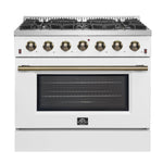 Forno Galiano 36-inch Freestanding Gas Range in White with Antique Brass Design, 6 Burners, 83,000 BTU, 5.36 cu.ft. Convection Oven - BonPrix Électroménagers