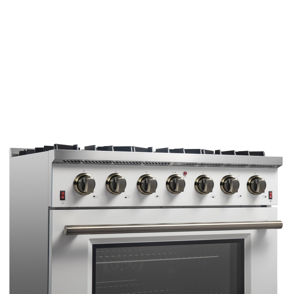 Forno Galiano 36-inch Freestanding Gas Range in White with Antique Brass Design, 6 Burners, 83,000 BTU, 5.36 cu.ft. Convection Oven - BonPrix Électroménagers