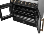 Forno Galiano 36-inch French Door Gas Range Black and Antique Brass Design, 6 Sealed Burners 83,000 BTU, 5.36 cu.ft. Convection Oven - BonPrix Électroménagers