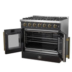 Forno Galiano 36-inch French Door Gas Range Black and Antique Brass Design, 6 Sealed Burners 83,000 BTU, 5.36 cu.ft. Convection Oven - BonPrix Électroménagers