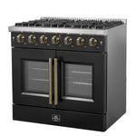 Forno Galiano 36-inch French Door Gas Range Black and Antique Brass Design, 6 Sealed Burners 83,000 BTU, 5.36 cu.ft. Convection Oven - BonPrix Électroménagers