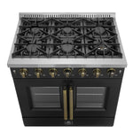Forno Galiano 36-inch French Door Gas Range Black and Antique Brass Design, 6 Sealed Burners 83,000 BTU, 5.36 cu.ft. Convection Oven - BonPrix Électroménagers
