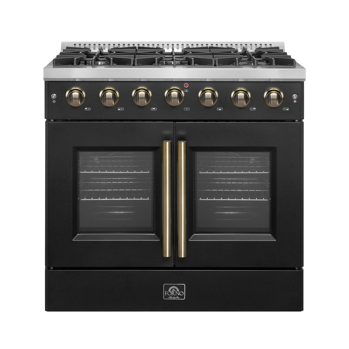 Forno Galiano 36-inch French Door Gas Range Black and Antique Brass Design, 6 Sealed Burners 83,000 BTU, 5.36 cu.ft. Convection Oven - BonPrix Électroménagers