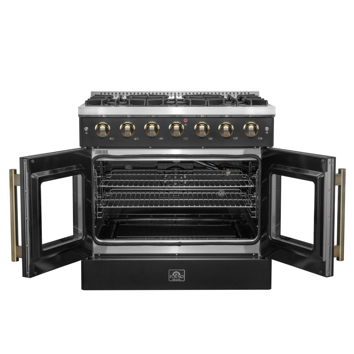Forno Galiano 36-inch French Door Gas Range Black and Antique Brass Design, 6 Sealed Burners 83,000 BTU, 5.36 cu.ft. Convection Oven - BonPrix Électroménagers