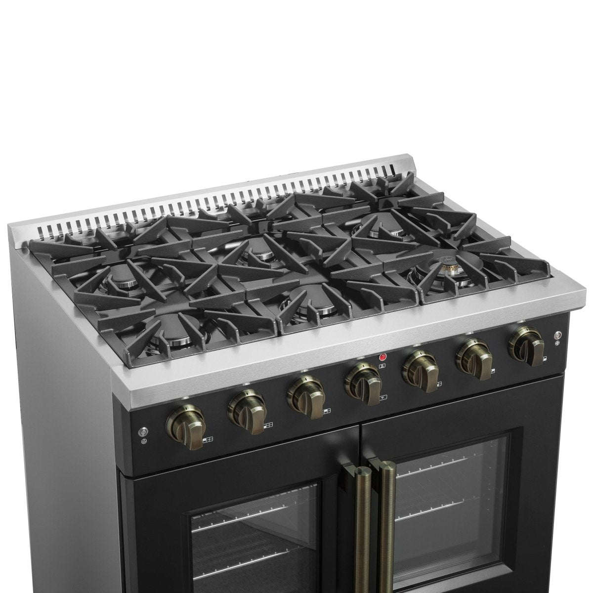 Forno Galiano 36-inch French Door Gas Range Black and Antique Brass Design, 6 Sealed Burners 83,000 BTU, 5.36 cu.ft. Convection Oven - BonPrix Électroménagers