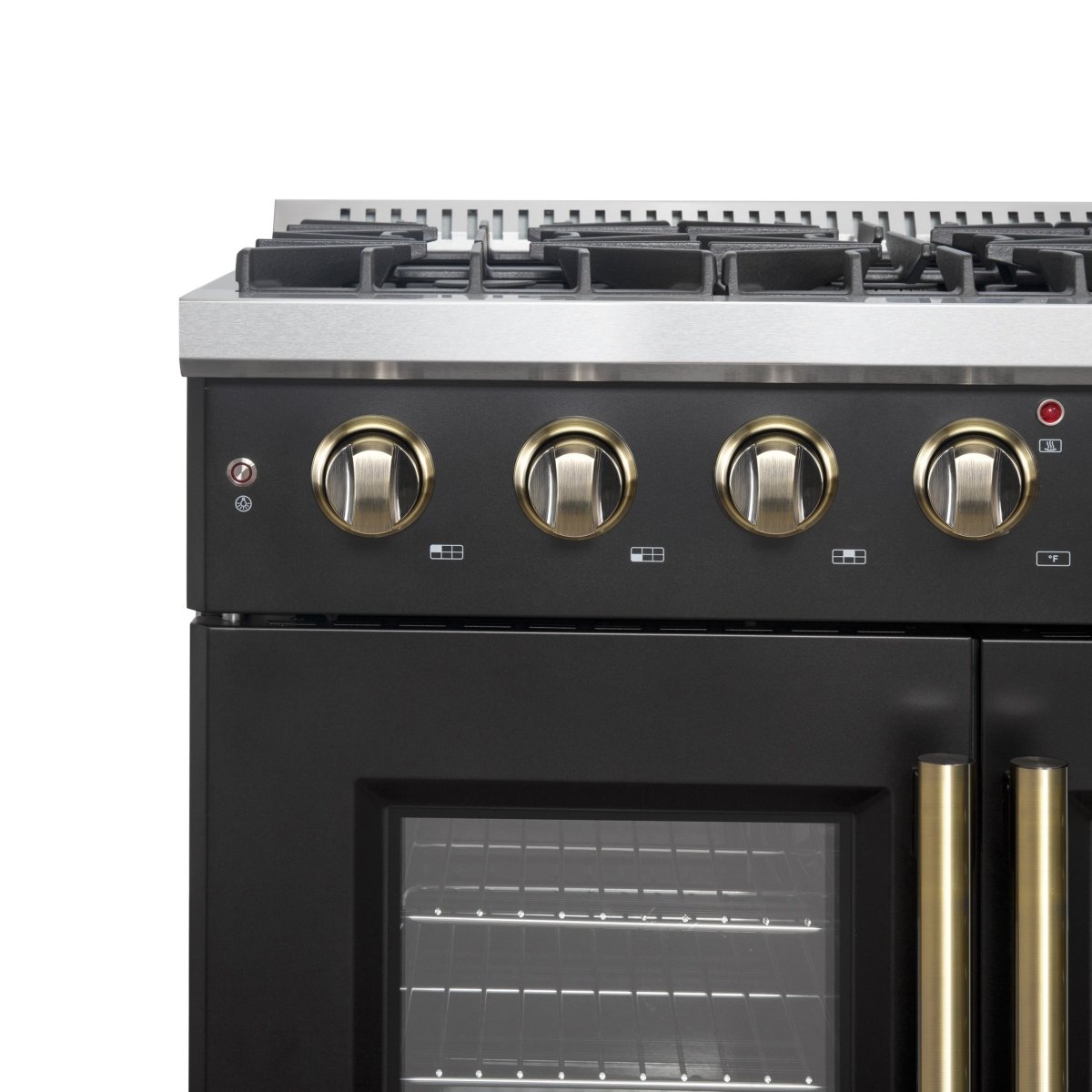 Forno Galiano 36-inch French Door Gas Range Black and Antique Brass Design, 6 Sealed Burners 83,000 BTU, 5.36 cu.ft. Convection Oven - BonPrix Électroménagers