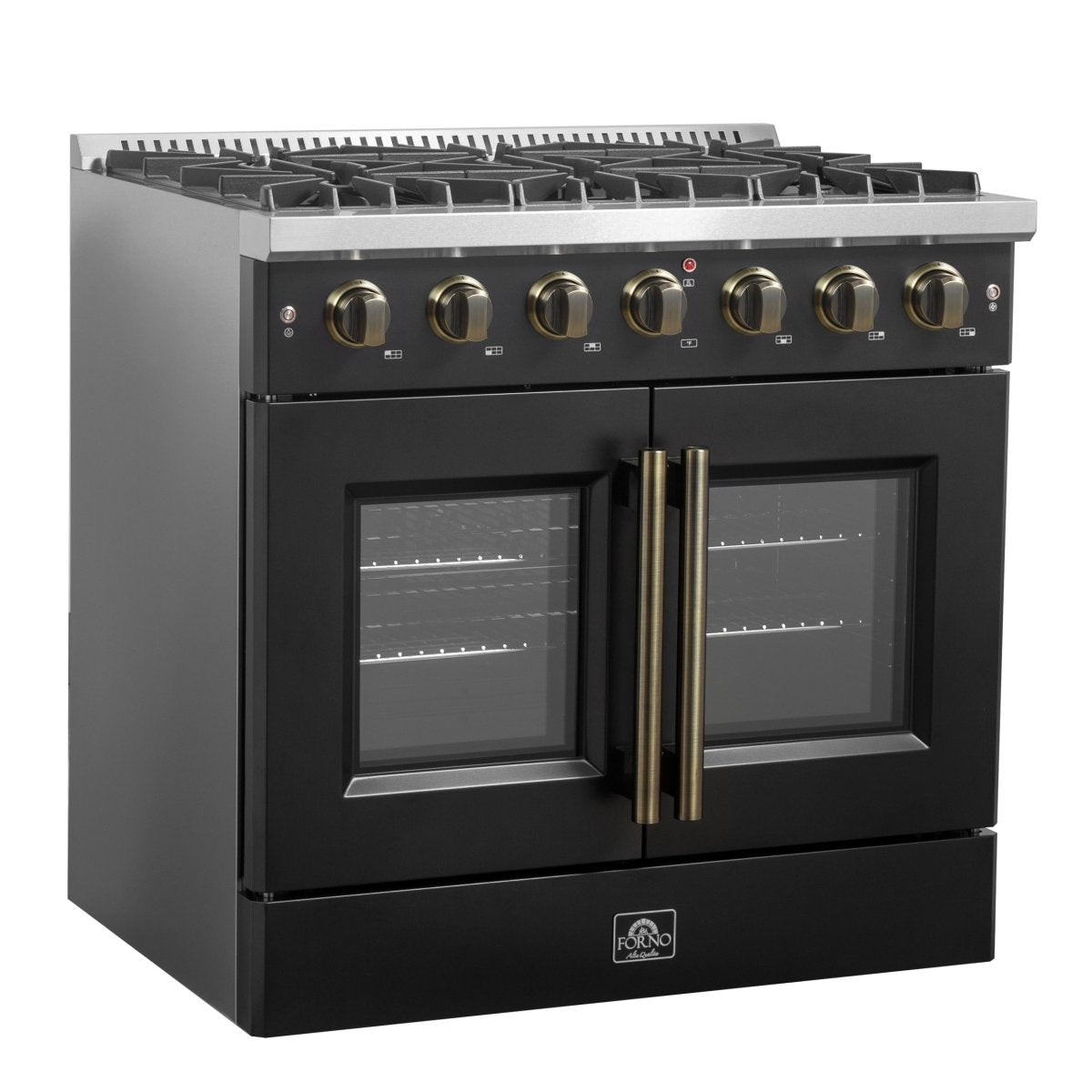Forno Galiano 36-inch French Door Gas Range Black and Antique Brass Design, 6 Sealed Burners 83,000 BTU, 5.36 cu.ft. Convection Oven - BonPrix Électroménagers