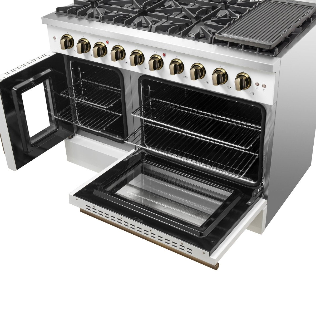 Forno Galiano 48-Inch Freestanding French Door Gas Range, White & Antique Brass - BonPrix Électroménagers