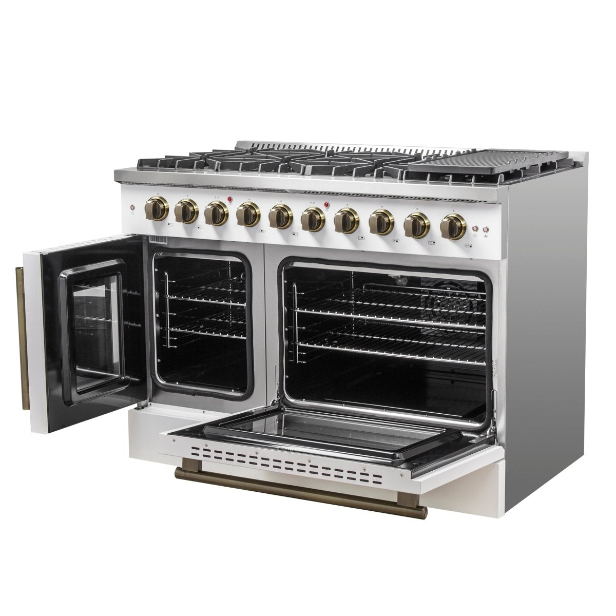 Forno Galiano 48-Inch Freestanding French Door Gas Range, White & Antique Brass - BonPrix Électroménagers