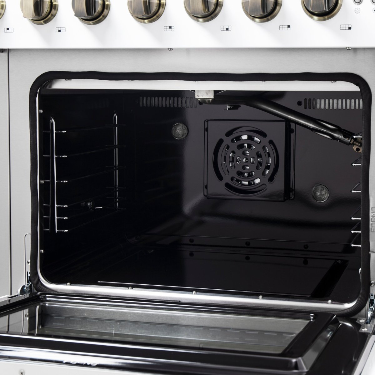 Forno Galiano 48-Inch Freestanding French Door Gas Range, White & Antique Brass - BonPrix Électroménagers