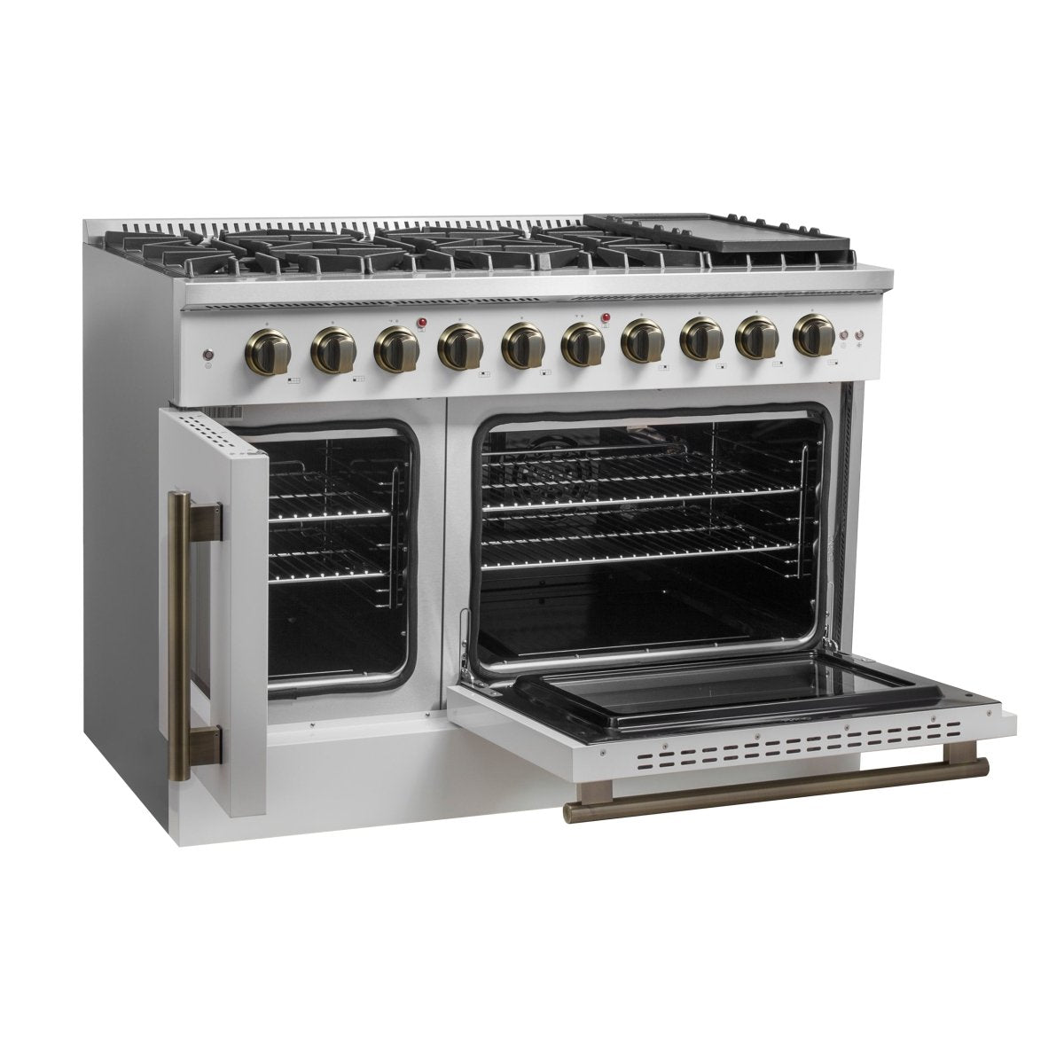 Forno Galiano 48-Inch Freestanding French Door Gas Range, White & Antique Brass - BonPrix Électroménagers