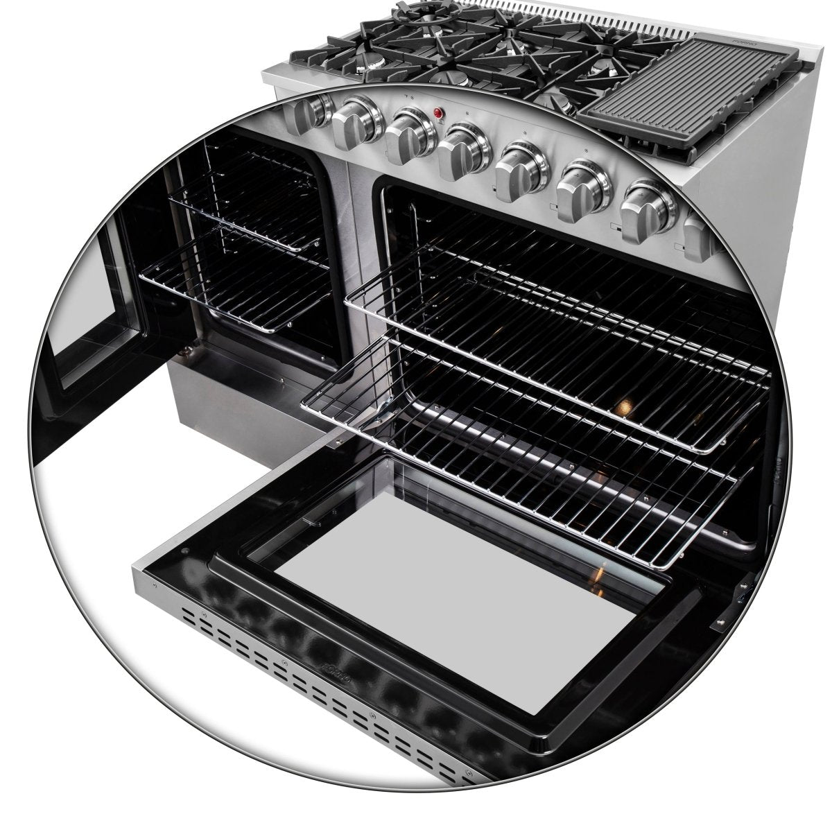 FORNO Galiano 48-Inch French Door Dual Fuel Range All Stainless Steel, 8 Sealed Burners, 107,000 BTU, Griddle, 6.58 cu.ft. Double Ovens - BonPrix Électroménagers