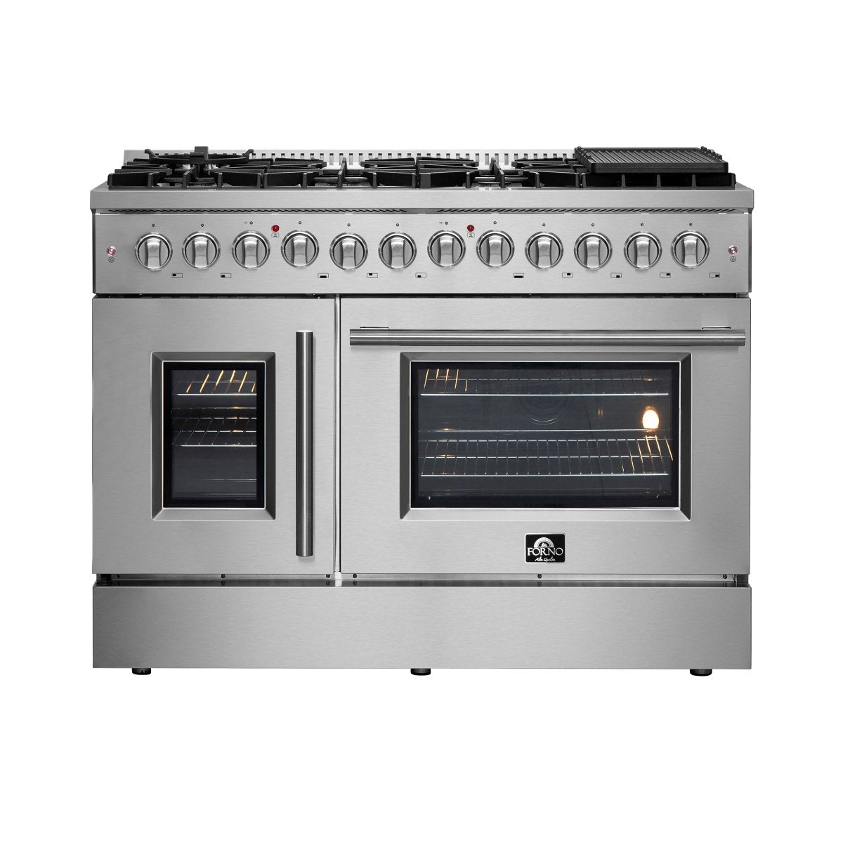 FORNO Galiano 48-Inch French Door Dual Fuel Range All Stainless Steel, 8 Sealed Burners, 107,000 BTU, Griddle, 6.58 cu.ft. Double Ovens - BonPrix Électroménagers