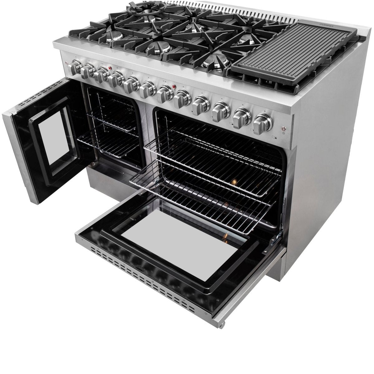 FORNO Galiano 48-Inch French Door Dual Fuel Range All Stainless Steel, 8 Sealed Burners, 107,000 BTU, Griddle, 6.58 cu.ft. Double Ovens - BonPrix Électroménagers