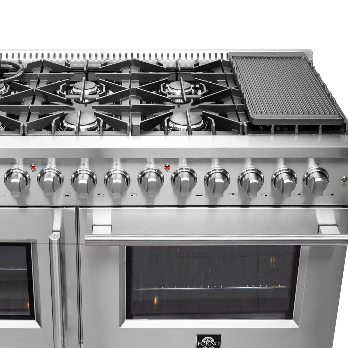 FORNO Galiano 48-Inch French Door Dual Fuel Range All Stainless Steel, 8 Sealed Burners, 107,000 BTU, Griddle, 6.58 cu.ft. Double Ovens - BonPrix Électroménagers