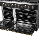 FORNO Galiano 48-inch Gas Range Black & Antique Brass Design, 8 Burners, 107,000 BTU, Griddle, 6.58 cu.ft. Double Ovens - BonPrix Électroménagers