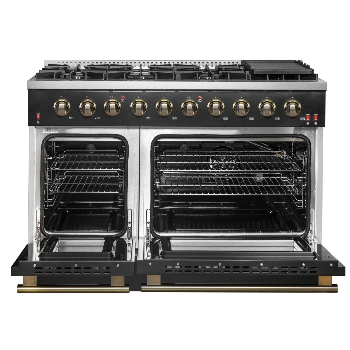 FORNO Galiano 48-inch Gas Range Black & Antique Brass Design, 8 Burners, 107,000 BTU, Griddle, 6.58 cu.ft. Double Ovens - BonPrix Électroménagers