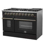 FORNO Galiano 48-inch Gas Range Black & Antique Brass Design, 8 Burners, 107,000 BTU, Griddle, 6.58 cu.ft. Double Ovens - BonPrix Électroménagers