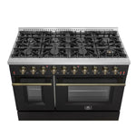 FORNO Galiano 48-inch Gas Range Black & Antique Brass Design, 8 Burners, 107,000 BTU, Griddle, 6.58 cu.ft. Double Ovens - BonPrix Électroménagers