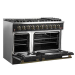 FORNO Galiano 48-inch Gas Range Black & Antique Brass Design, 8 Burners, 107,000 BTU, Griddle, 6.58 cu.ft. Double Ovens - BonPrix Électroménagers