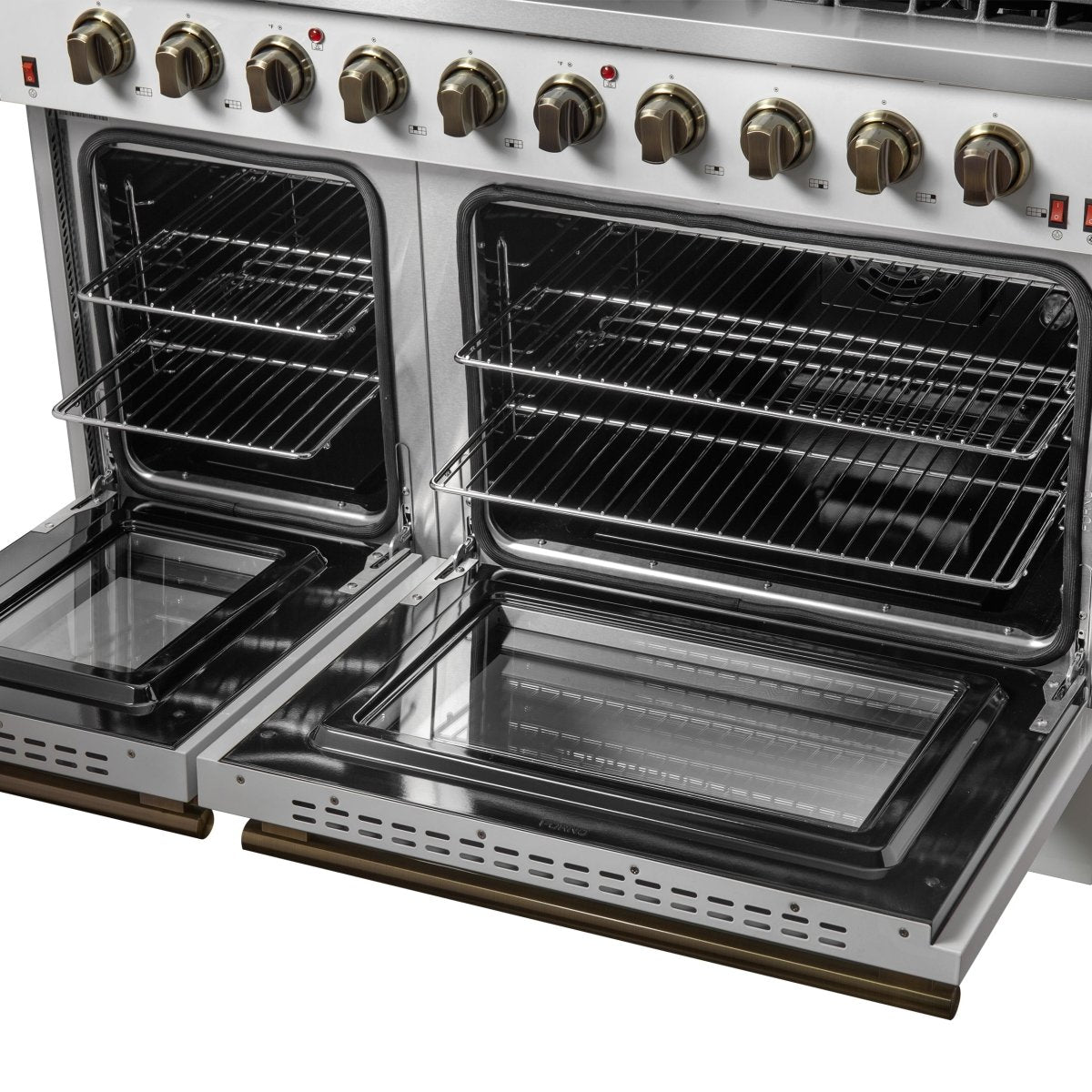 FORNO Galiano 48-inch Gas Range White & Antique Brass Design, 8 Burners, 107,000 BTU, Griddle, 6.58 cu.ft. Double Ovens - BonPrix Électroménagers