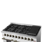 FORNO Galiano 48-inch Gas Range White & Antique Brass Design, 8 Burners, 107,000 BTU, Griddle, 6.58 cu.ft. Double Ovens - BonPrix Électroménagers