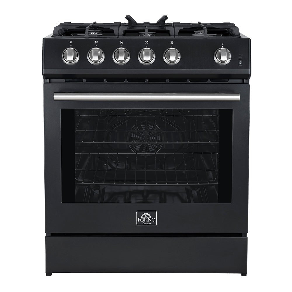 Forno Leonardo Espresso 30-Inch Black Gas Range, 5 Burners, 39,500 BTU, 5 cu.ft Convection Oven - BonPrix Électroménagers