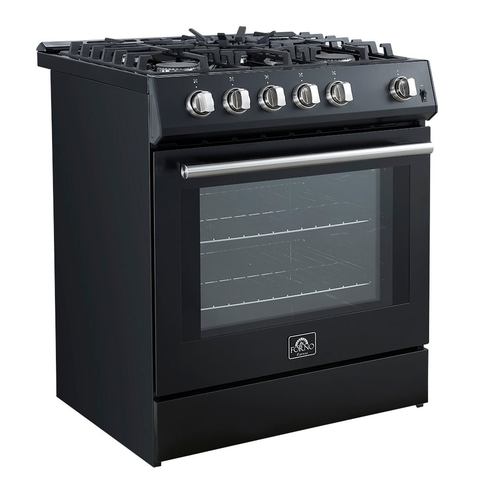 Forno Leonardo Espresso 30-Inch Black Gas Range, 5 Burners, 39,500 BTU, 5 cu.ft Convection Oven - BonPrix Électroménagers