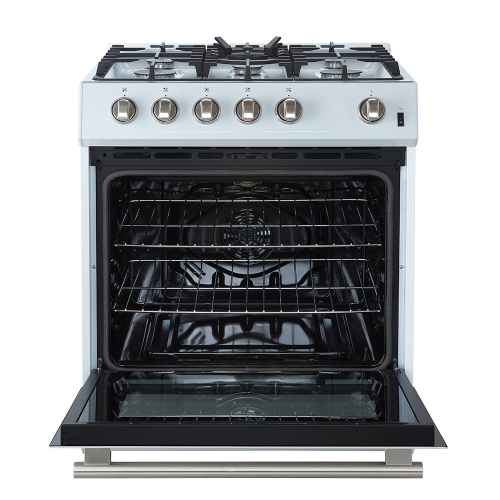 Forno Leonardo Espresso 30-Inch White Gas Range, 5 Burners, 39,500 BTU, 5 cu.ft Convection Oven - BonPrix Électroménagers