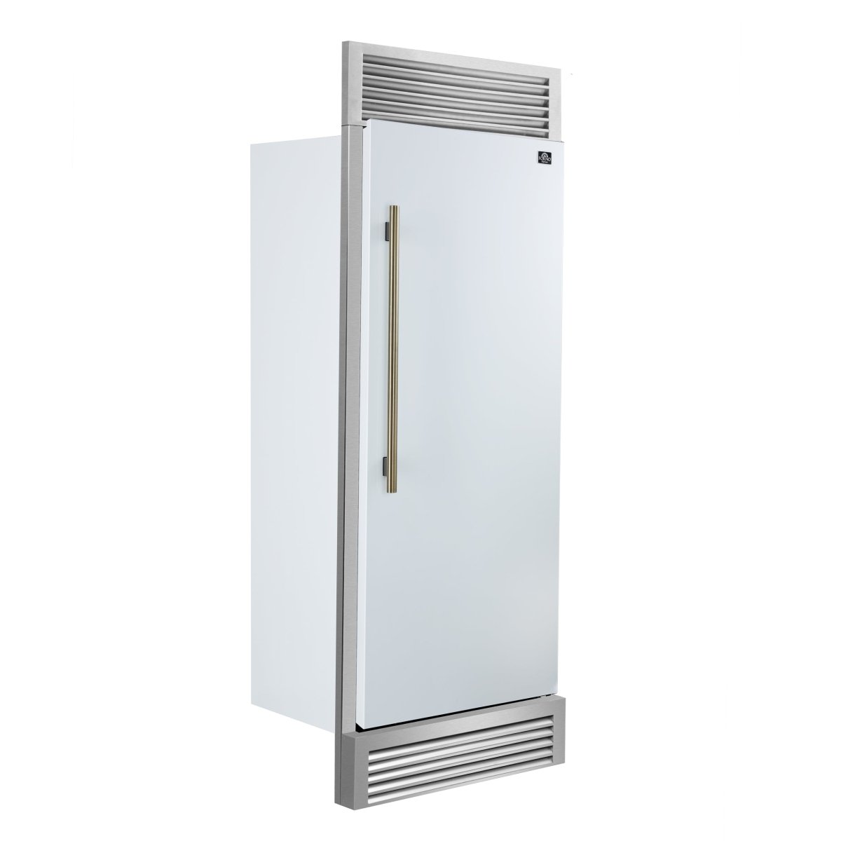 Forno Maderno 28-Inch Built-In Convertible Refrigerator in White with Antique Brass Handle, 13.6 cu.ft. Right Swing with Decorative Trim - 32-Inch Wide - BonPrix Électroménagers