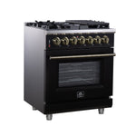 Forno Massimo 30-Inch Freestanding Dual Fuel Range in Black with Antique Brass Accessories, 4 Burners, 4.32 cu. ft. Convection Oven - BonPrix Électroménagers