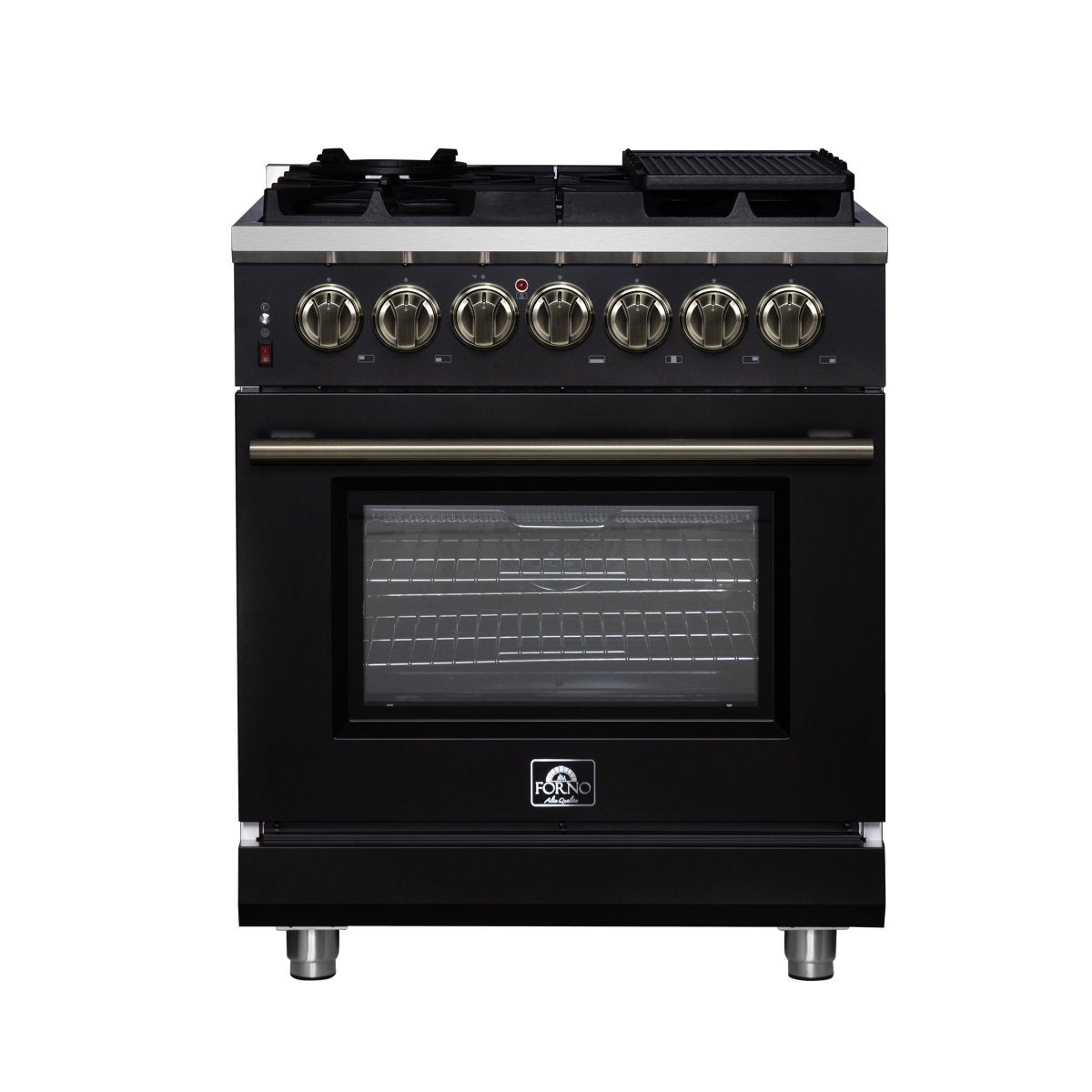 Forno Massimo 30-Inch Freestanding Dual Fuel Range in Black with Antique Brass Accessories, 4 Burners, 4.32 cu. ft. Convection Oven - BonPrix Électroménagers