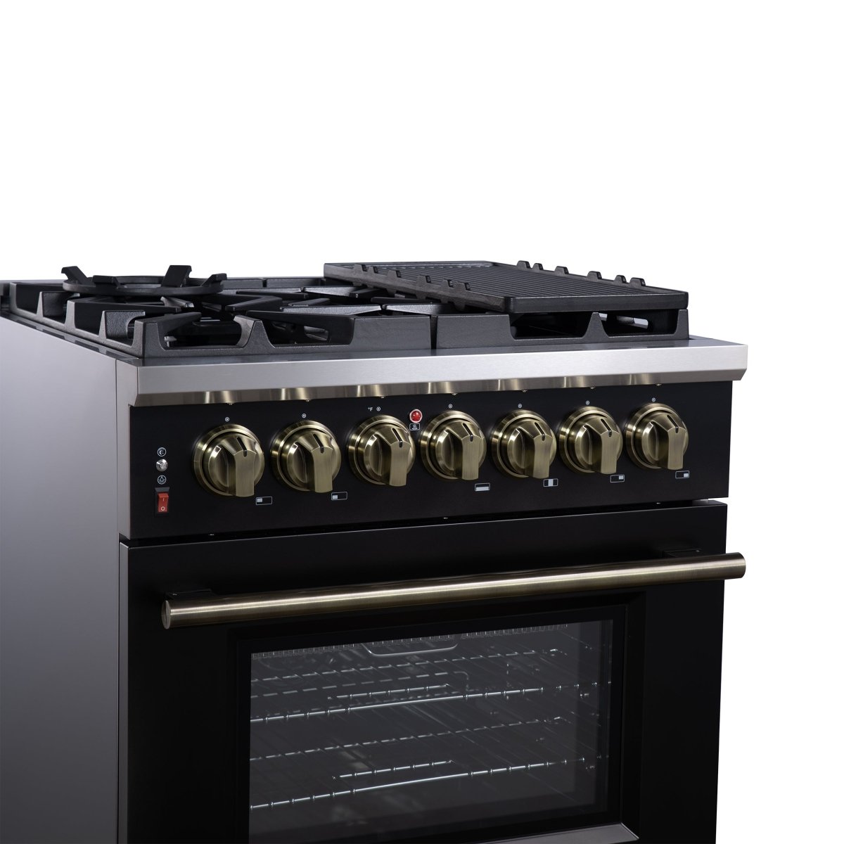 Forno Massimo 30-Inch Freestanding Dual Fuel Range in Black with Antique Brass Accessories, 4 Burners, 4.32 cu. ft. Convection Oven - BonPrix Électroménagers