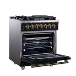 Forno Massimo 30-Inch Freestanding Dual Fuel Range in Black with Antique Brass Accessories, 4 Burners, 4.32 cu. ft. Convection Oven - BonPrix Électroménagers