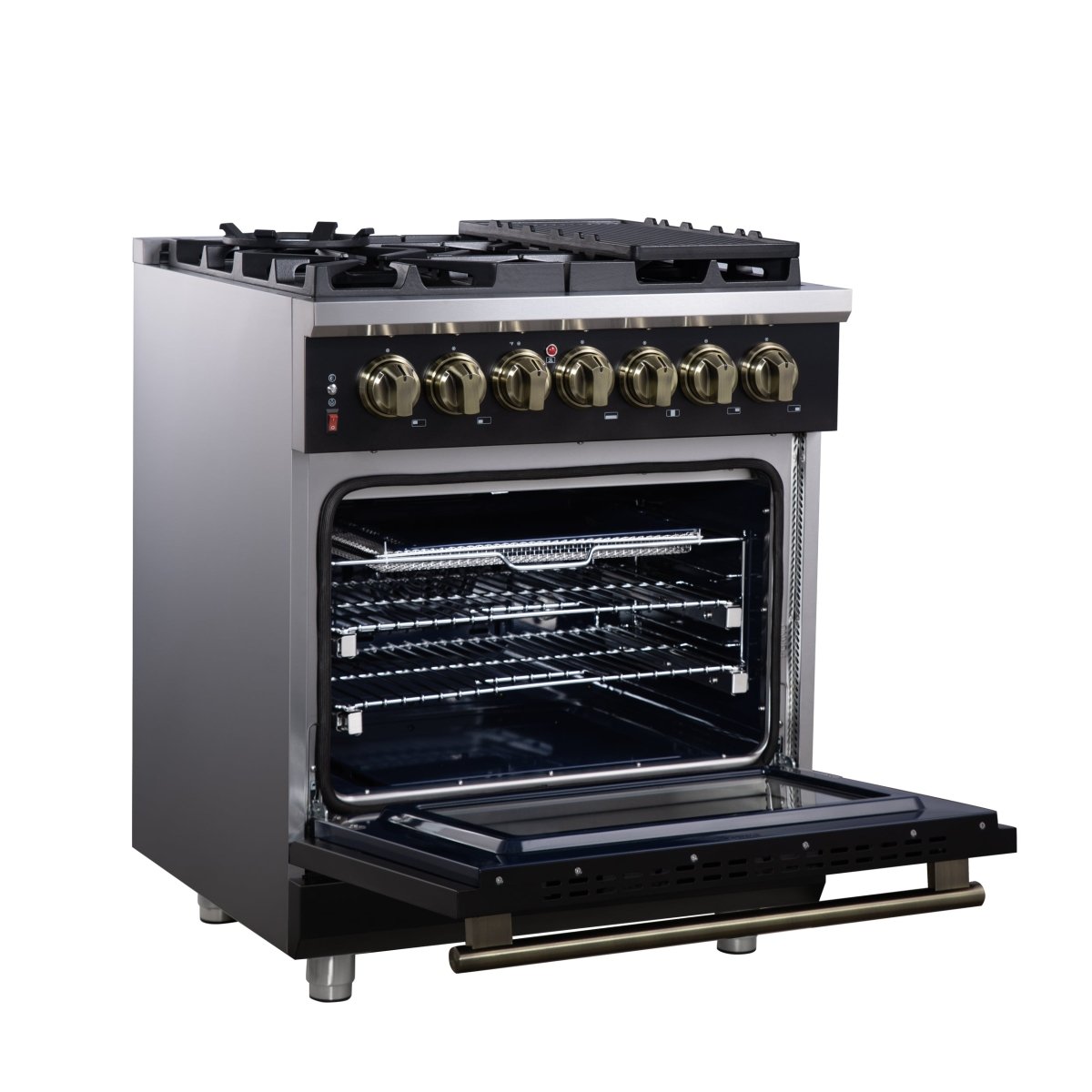 Forno Massimo 30-Inch Freestanding Dual Fuel Range in Black with Antique Brass Accessories, 4 Burners, 4.32 cu. ft. Convection Oven - BonPrix Électroménagers