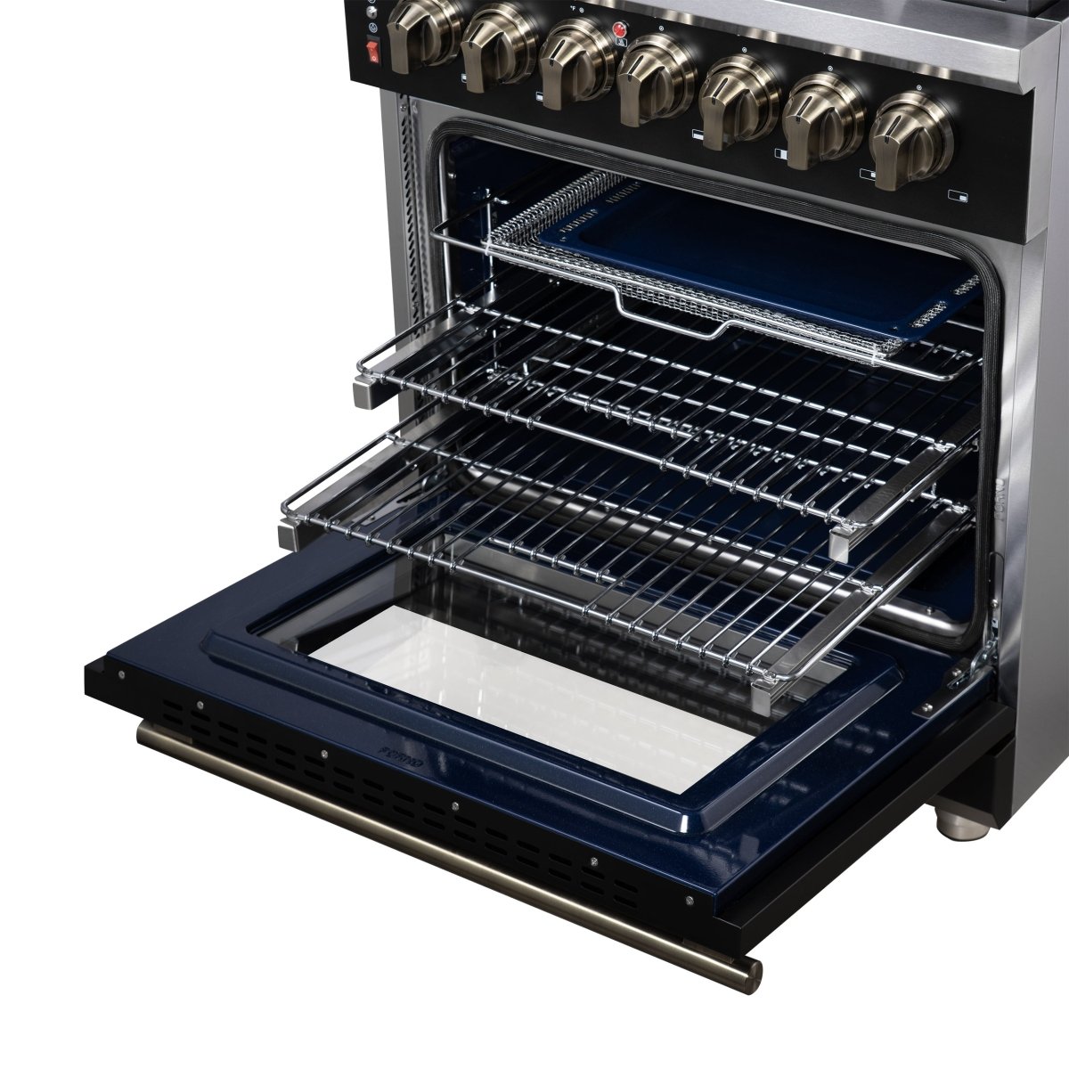 Forno Massimo 30-Inch Freestanding Dual Fuel Range in Black with Antique Brass Accessories, 4 Burners, 4.32 cu. ft. Convection Oven - BonPrix Électroménagers