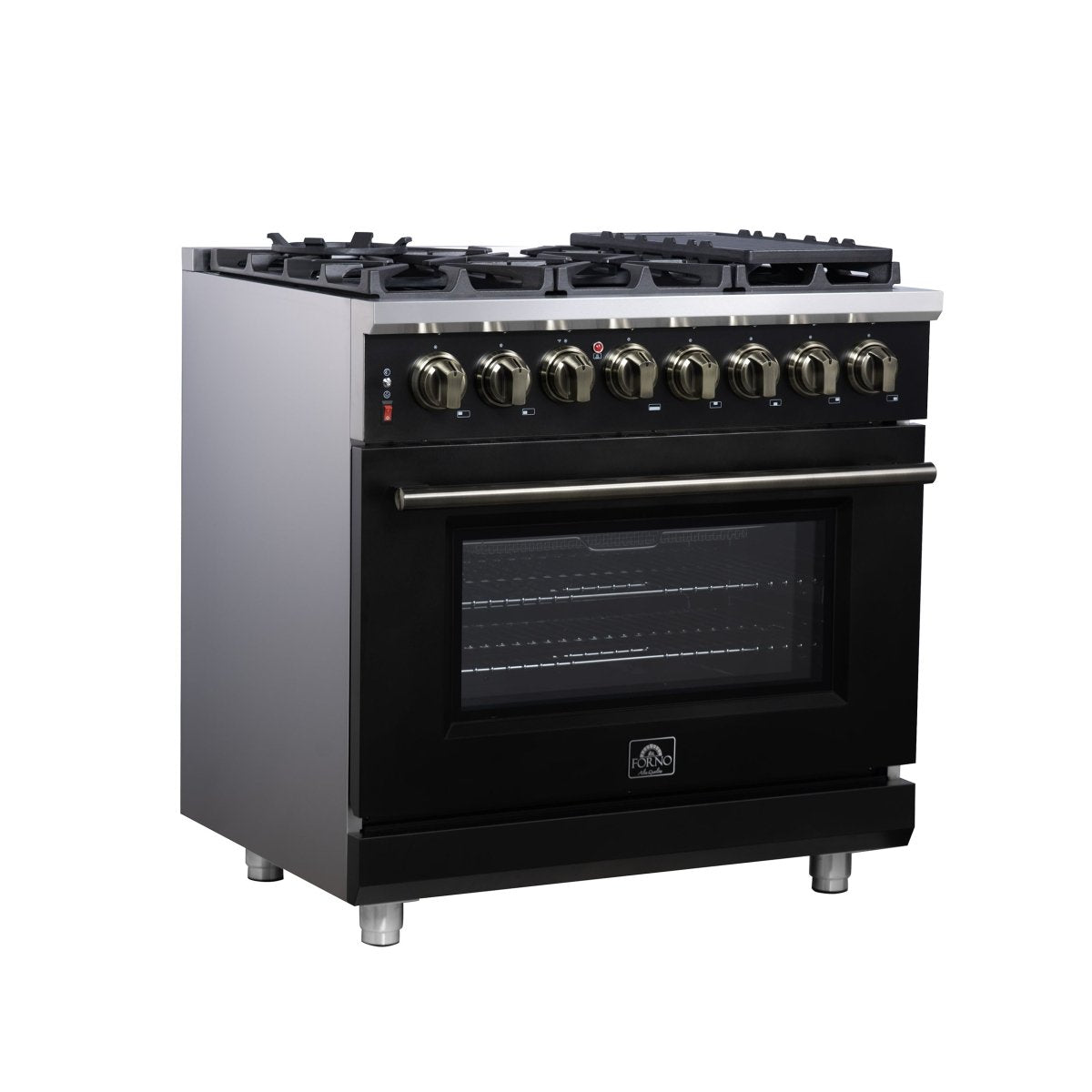 Forno Massimo 36 Inch Freestanding Dual Fuel Range in Black with Antique Brass Accessories, 6 Burners, 5.36 cu. ft. Convection Oven - BonPrix Électroménagers
