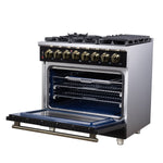 Forno Massimo 36 Inch Freestanding Dual Fuel Range in Black with Antique Brass Accessories, 6 Burners, 5.36 cu. ft. Convection Oven - BonPrix Électroménagers