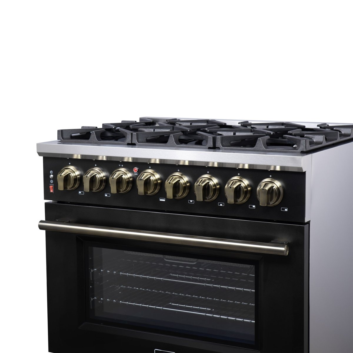 Forno Massimo 36 Inch Freestanding Dual Fuel Range in Black with Antique Brass Accessories, 6 Burners, 5.36 cu. ft. Convection Oven - BonPrix Électroménagers